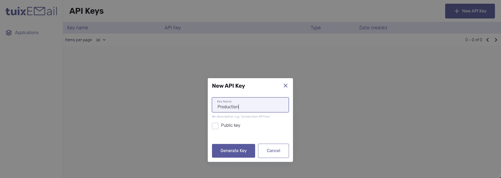Neuen API Key im Tuix Dashboard erstellen