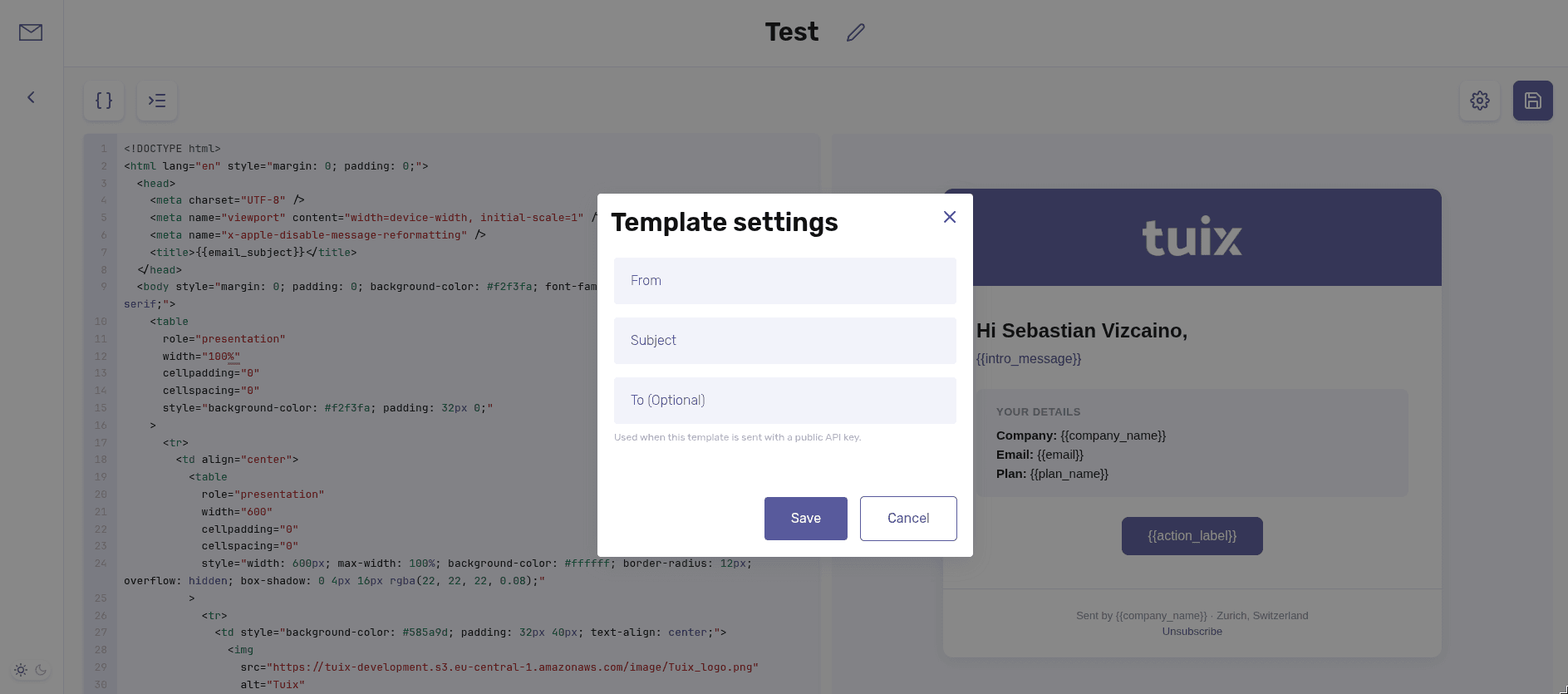 Template settings im Tuix Dashboard